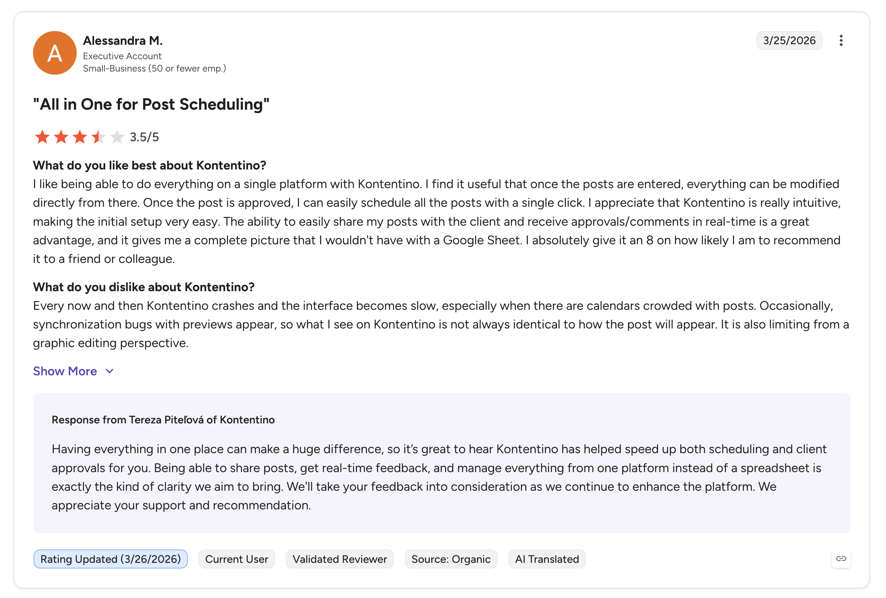 Kontentino G2 review titled "All in One for Post Scheduling" with 3.5 out of 5 rating from a Small-Business reviewer