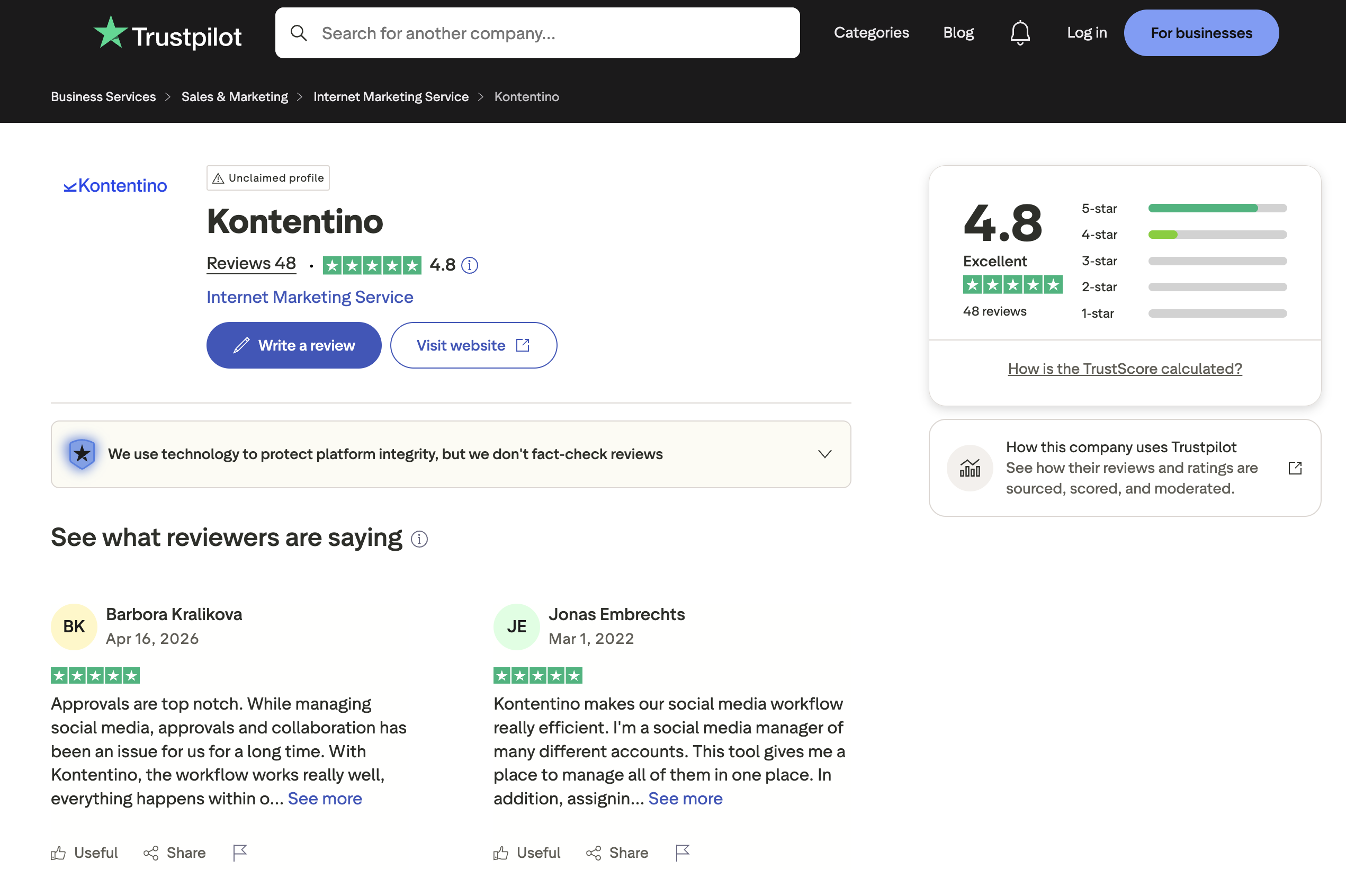 Kontentino Trustpilot page showing 4.8 out of 5 from 48 reviews