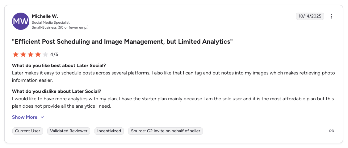 G2 review for Later Social showing a 4-star rating, praising easy scheduling and image tagging but criticizing limited analytics on the starter plan.