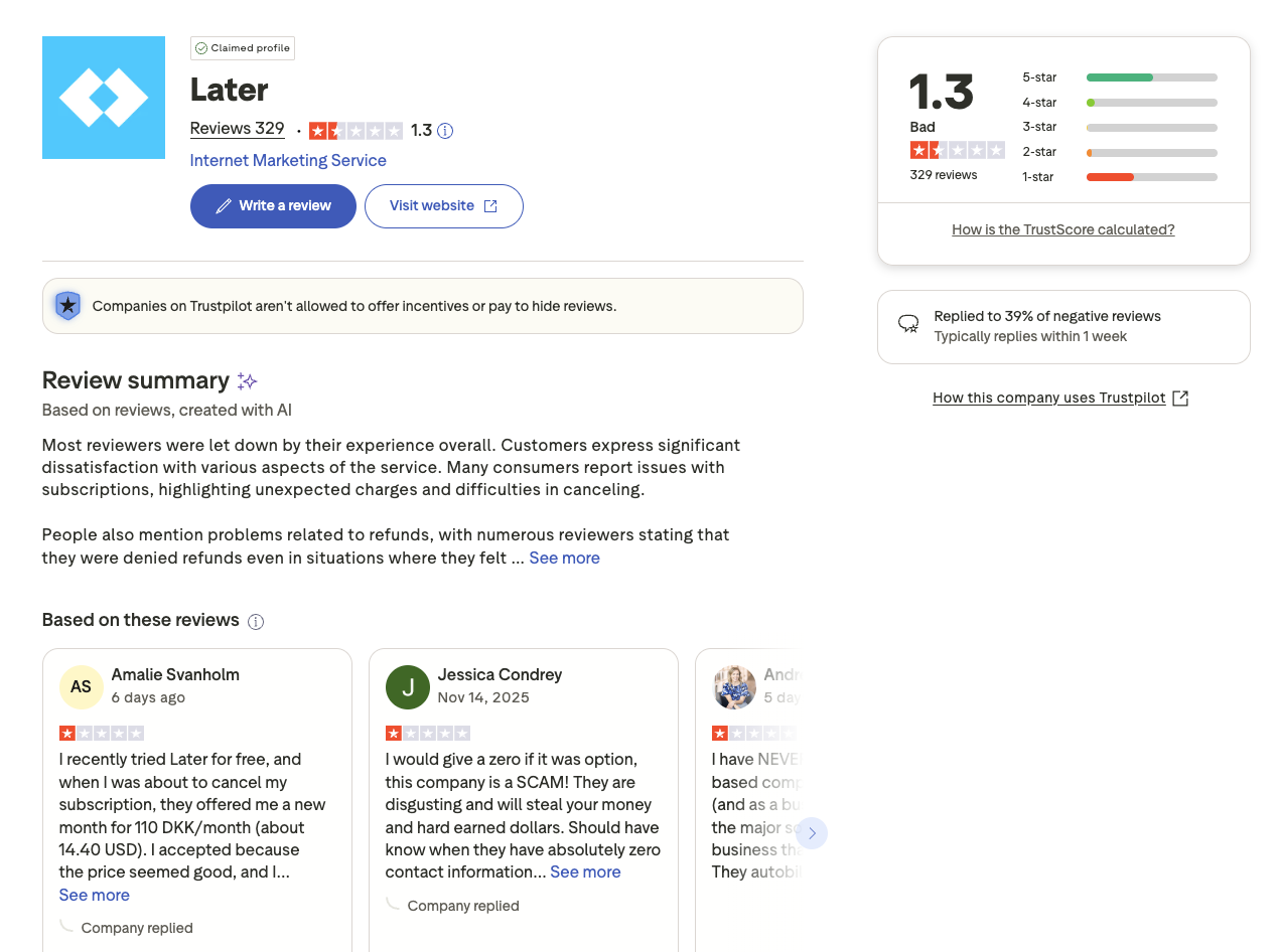 Trustpilot page for Later showing a 1.3 out of 5 rating from 329 reviews, with a review summary noting customer dissatisfaction with billing, unexpected charges, and refund issues.