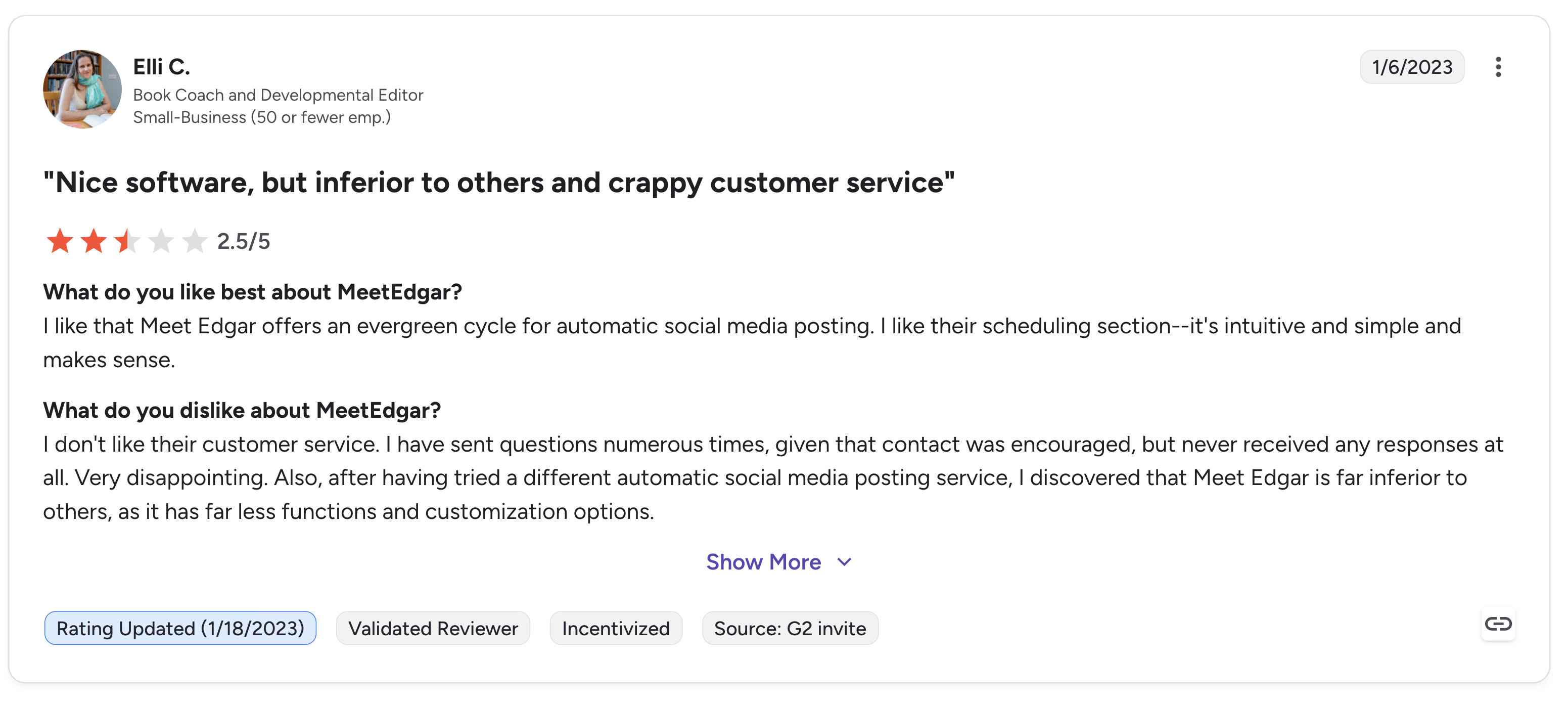 MeetEdgar G2 review titled "Nice software, but inferior to others and crappy customer service" with 2.5 out of 5 rating from Elli C., Book Coach, in January 2023