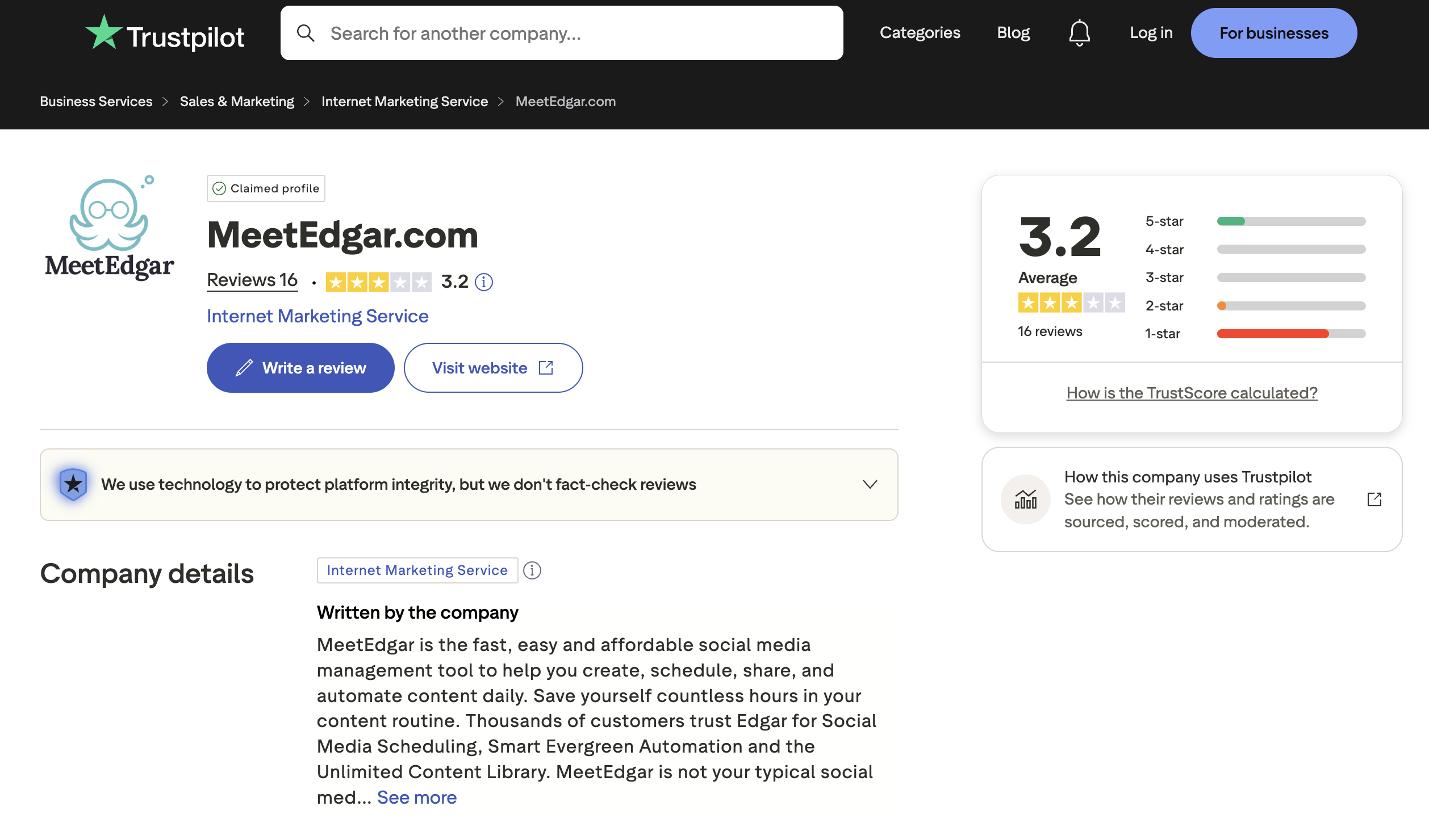 MeetEdgar Trustpilot page showing 3.2 out of 5 ("Average") from 16 reviews