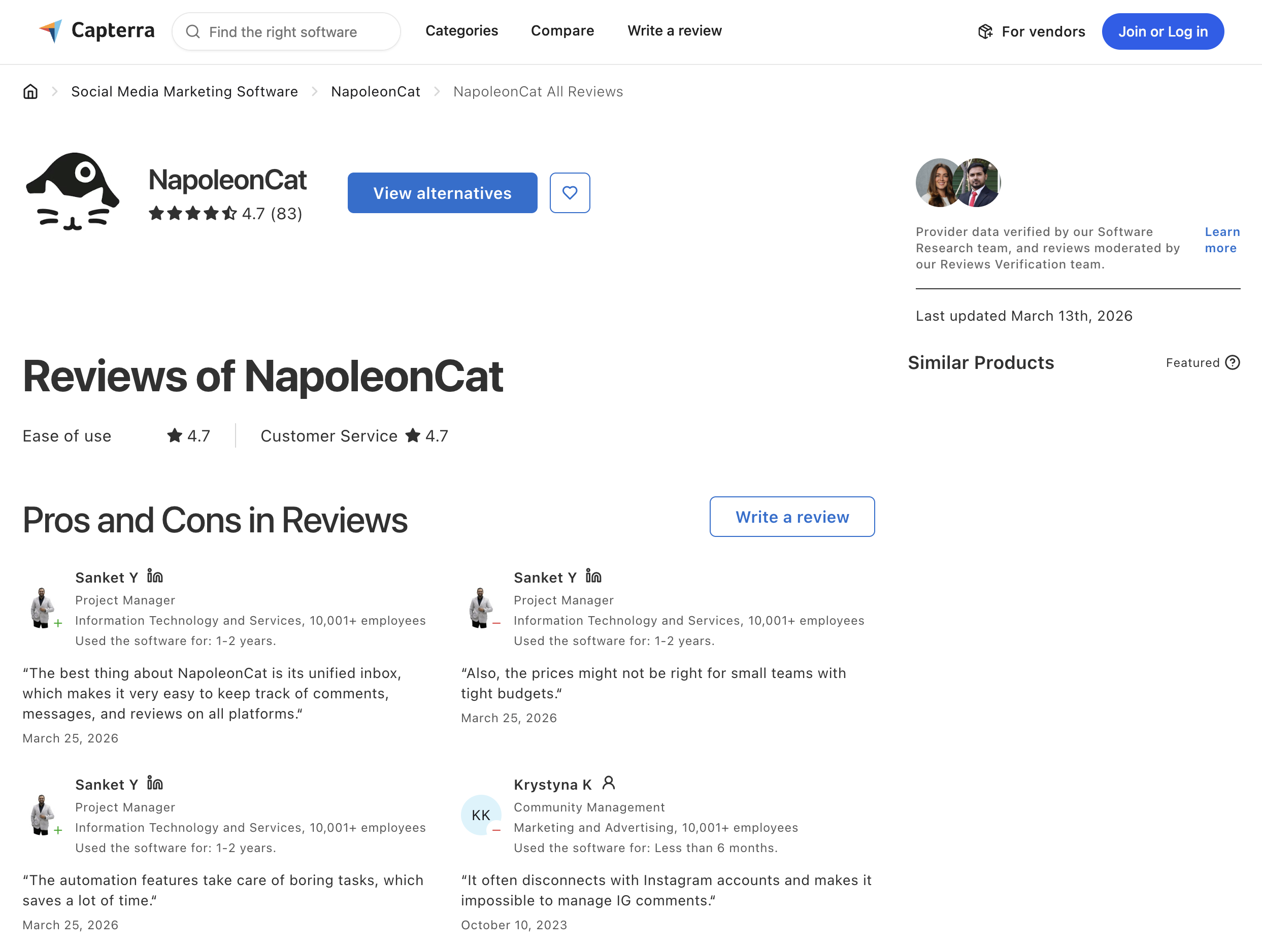 NapoleonCat Capterra page showing 4.7 out of 5 from 83 reviews with Ease of Use 4.7 and Customer Service 4.7 sub-scores