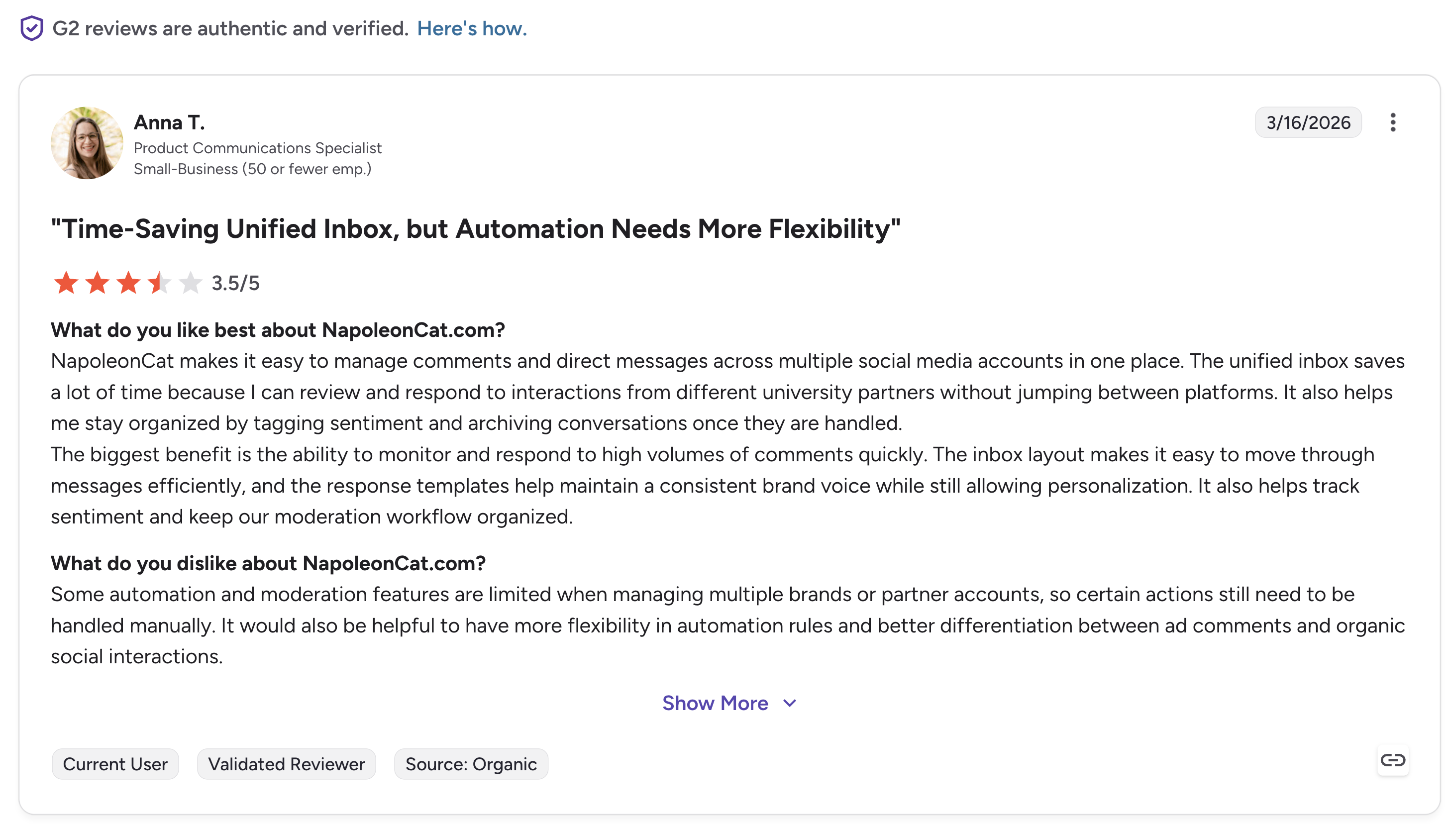 NapoleonCat G2 review titled "Time-Saving Unified Inbox, but Automation Needs More Flexibility" with 3.5 out of 5 rating from a Small-Business reviewer