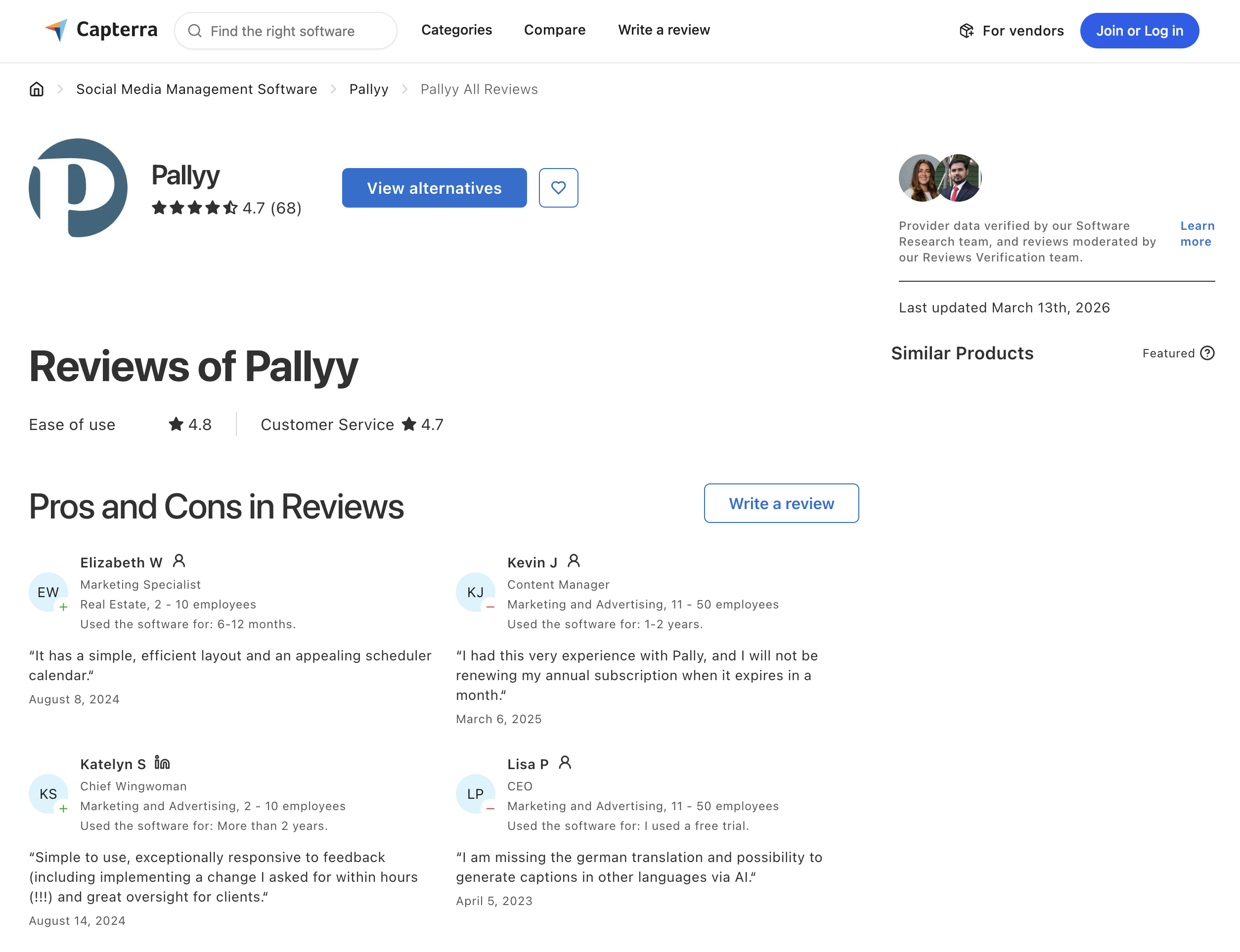 Capterra page showing Pallyy with a 4.7 rating from 68 reviews, with category breakdowns for ease of use, customer service, features, and value.