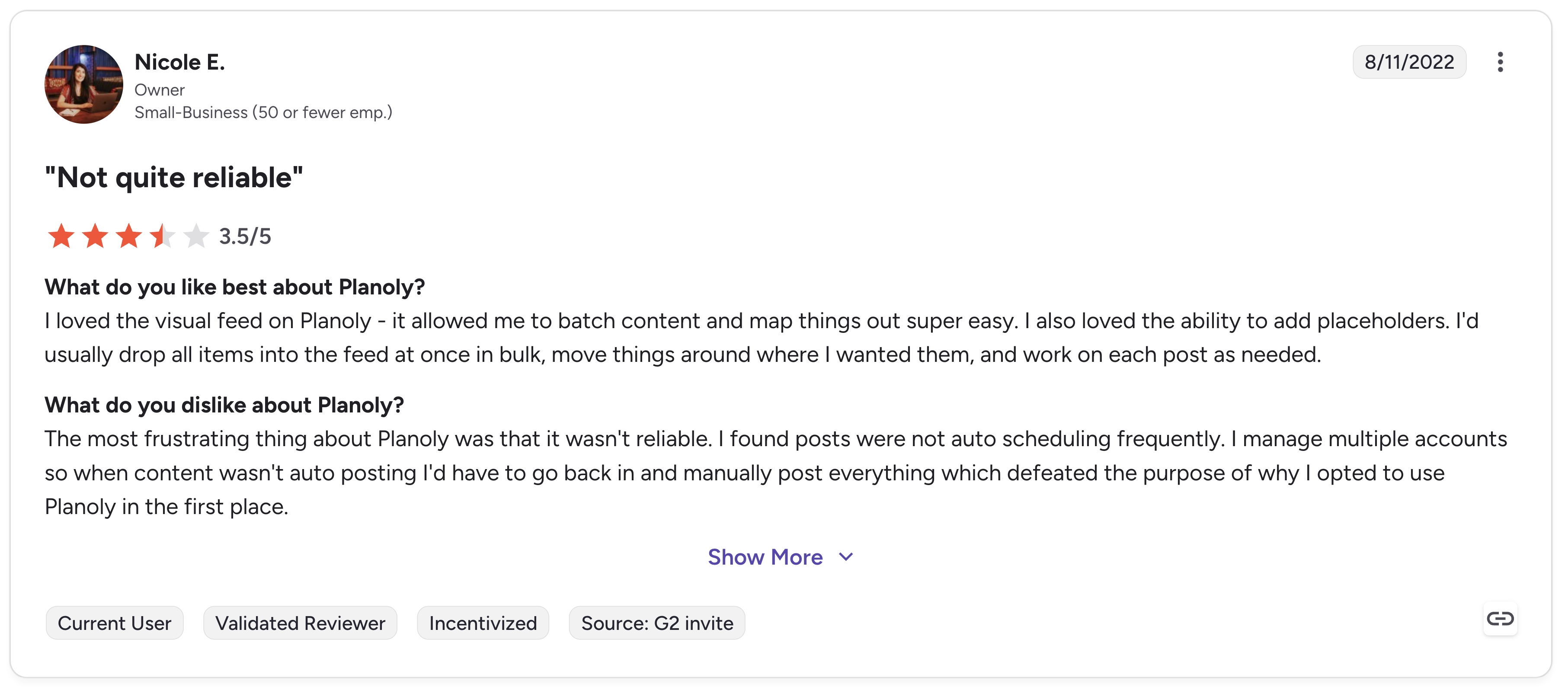 Planoly G2 review titled "Not quite reliable" with 3.5 out of 5 rating from a Small-Business reviewer in August 2022