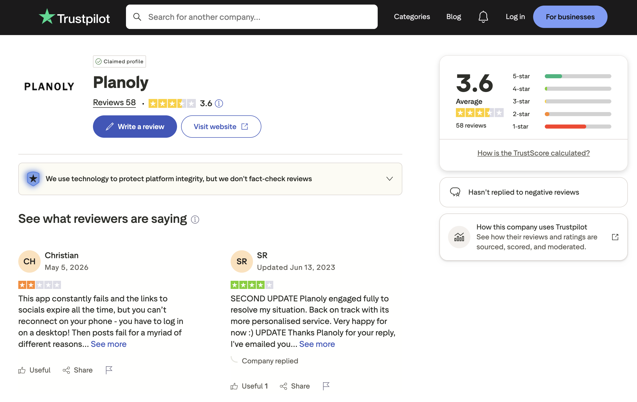 Planoly Trustpilot page showing 3.6 out of 5 ("Average") from 58 reviews with a recent May 2026 2-star review about reliability and the badge "Hasn't replied to negative reviews"