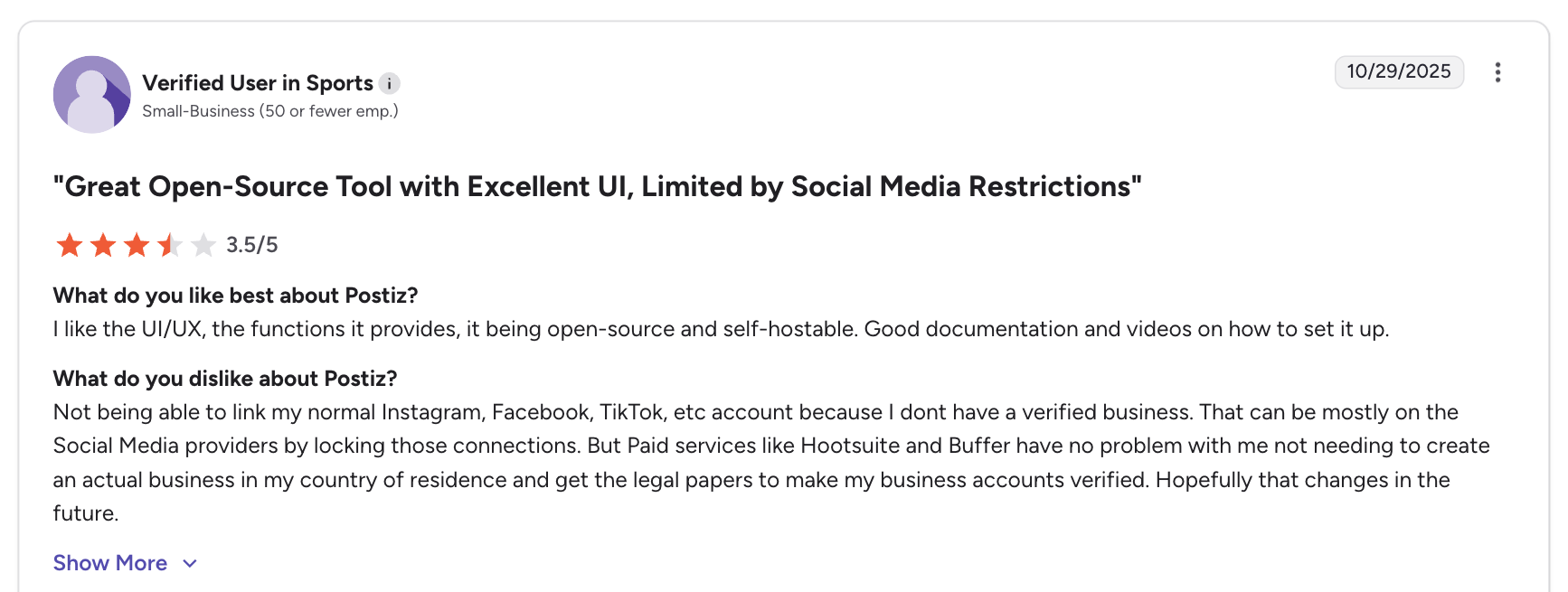 A detailed Postiz review on G2 highlighting post scheduling, social media integration, ease of use, powerful features, and content creation tools but criticizing AI limitations, scheduling issues, learning curve, Instagram connection limitations, and pricing concerns for advanced needs.