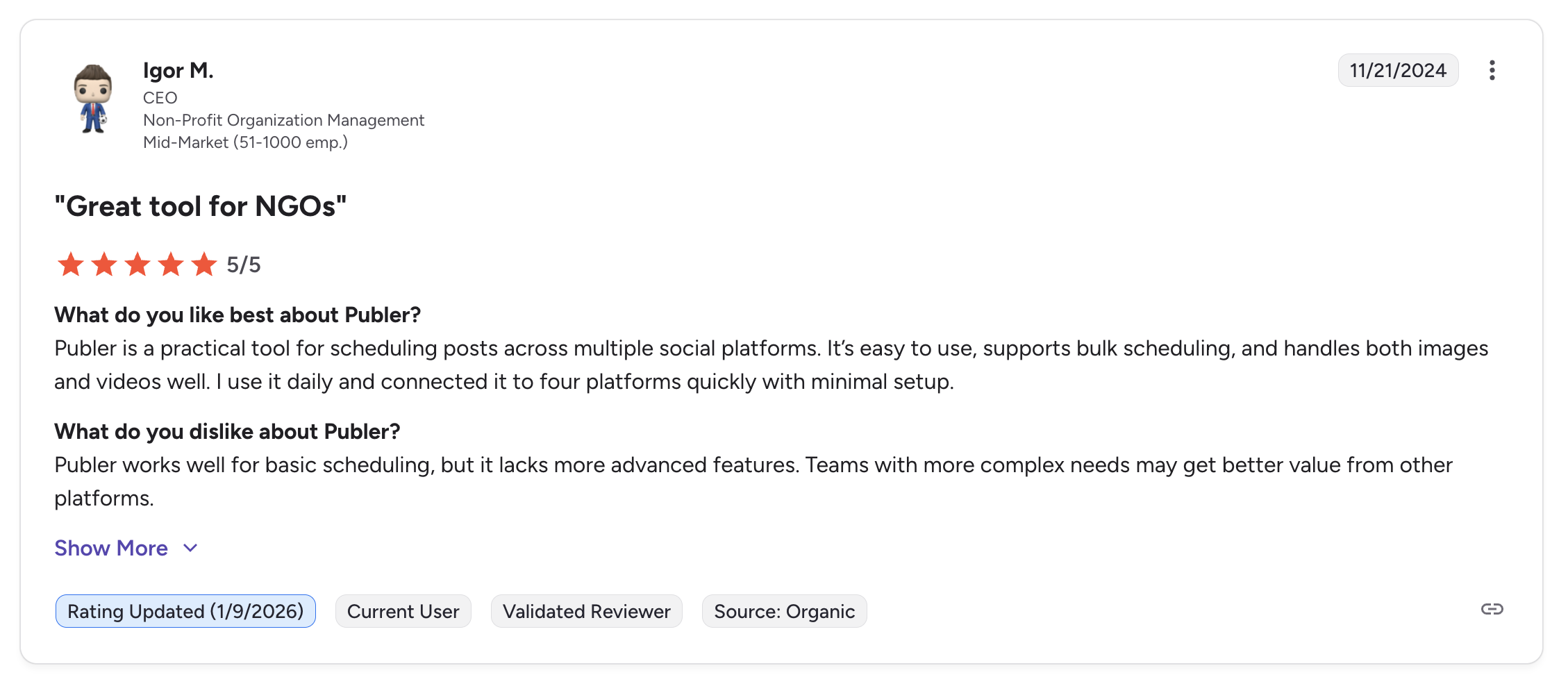 A detailed Publer review on G2 titled "Great tool for NGOs" with a 5 out of 5 rating, praising ease of use and bulk scheduling but noting the platform lacks advanced features for complex team needs.