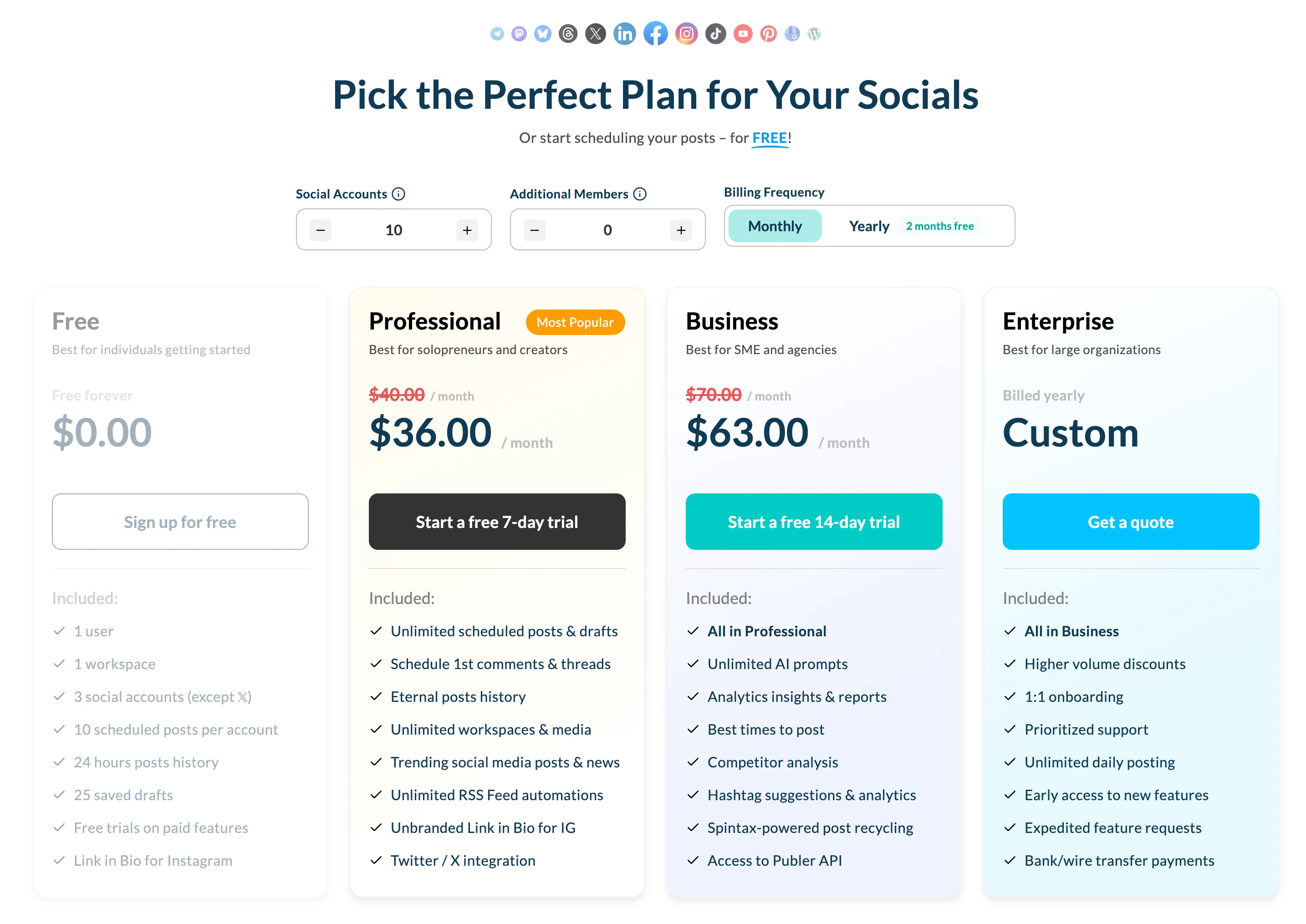 Publer pricing page showing Free, Professional, and Business plans with per-account pricing starting at $0