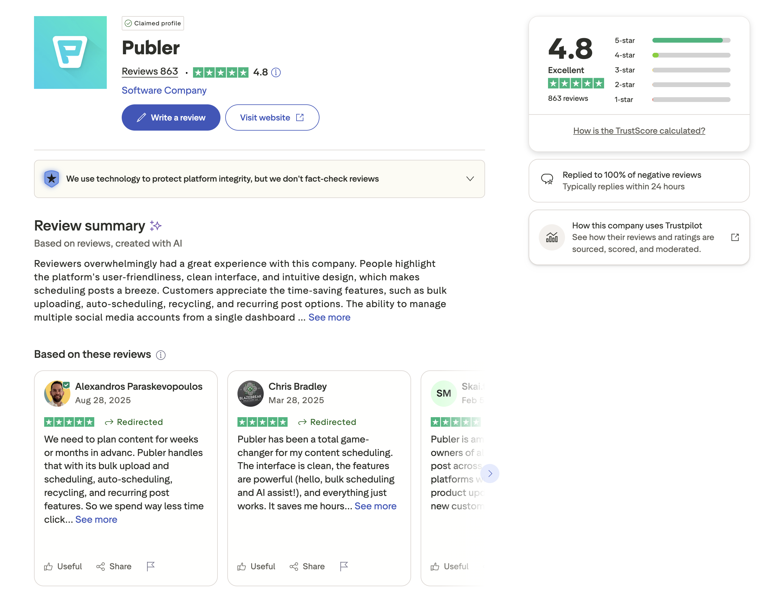 Trustpilot page showing Publer with a 4.8 rating from 863 reviews, with overwhelmingly positive feedback about user-friendliness and scheduling features.