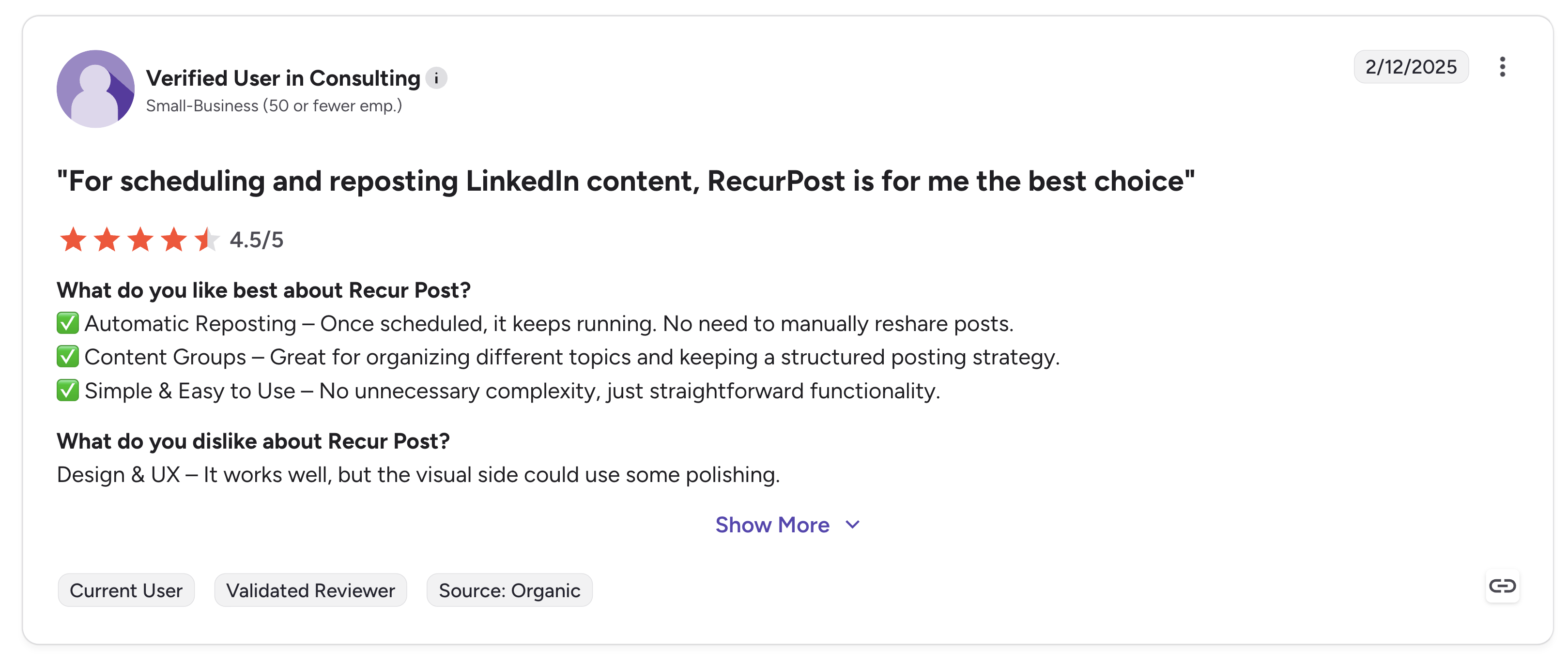 RecurPost G2 review titled "For scheduling and reposting LinkedIn content, RecurPost is for me the best choice" with 4.5 out of 5 rating from a Small-Business Consulting reviewer in February 2025
