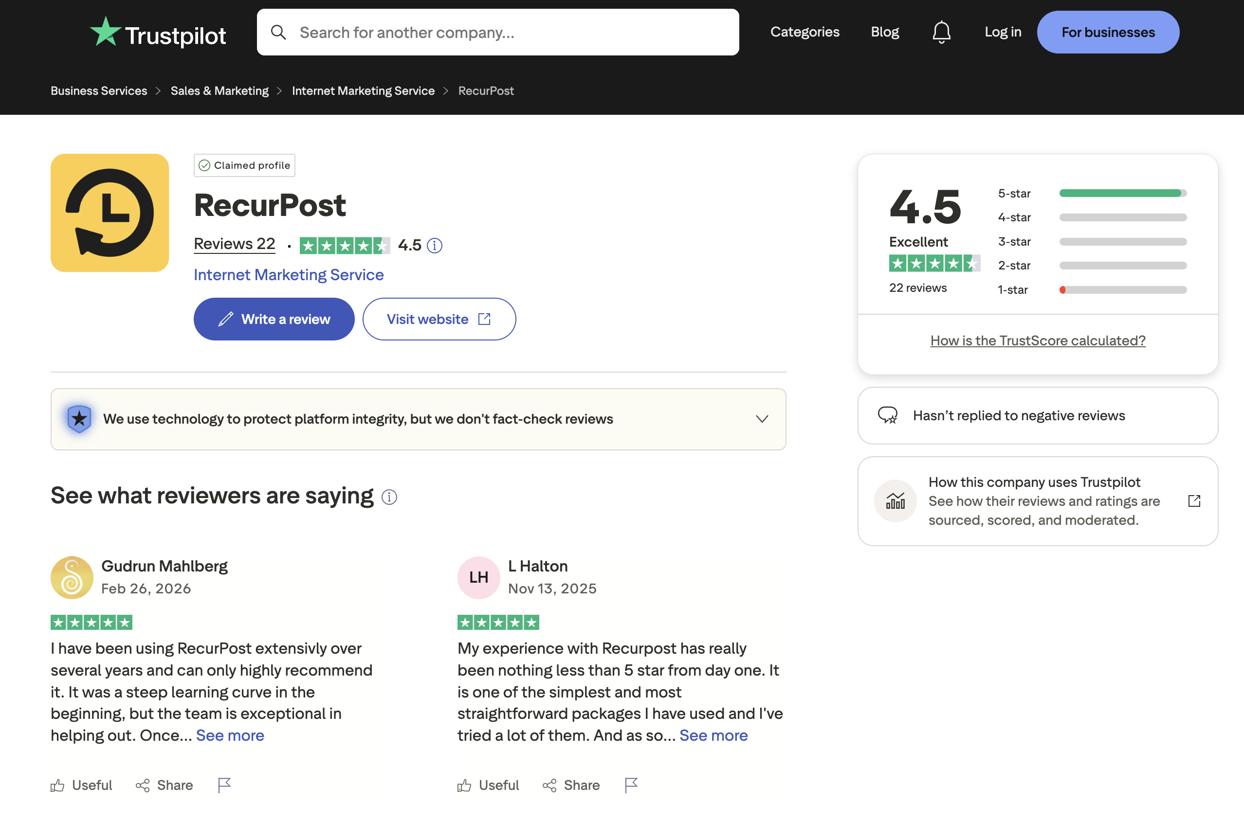 RecurPost Trustpilot page showing 4.5 out of 5 ("Excellent") from 22 reviews