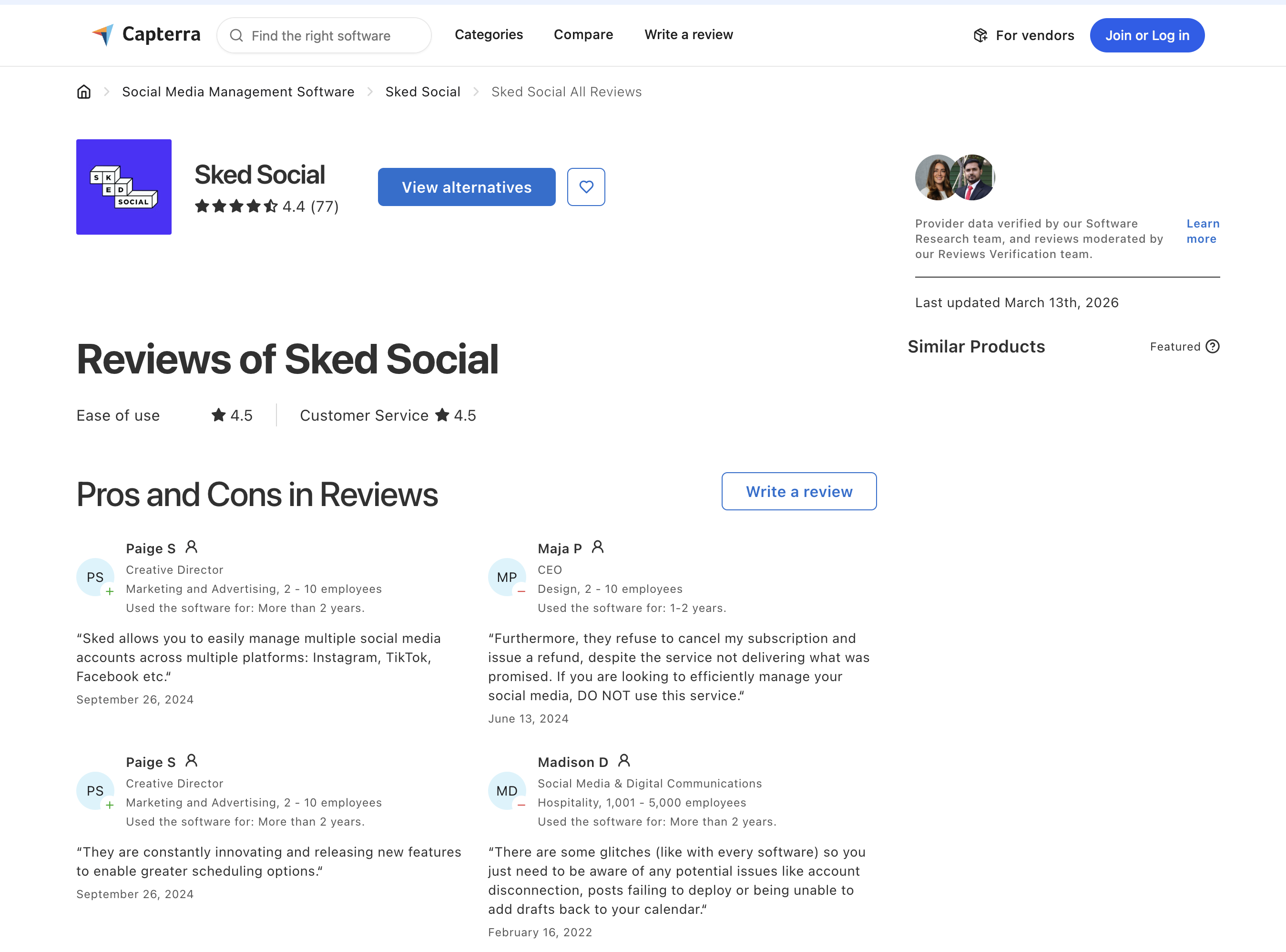 Sked Social Capterra page showing 4.4 out of 5 from 77 reviews with Ease of Use 4.5 and Customer Service 4.5 sub-scores