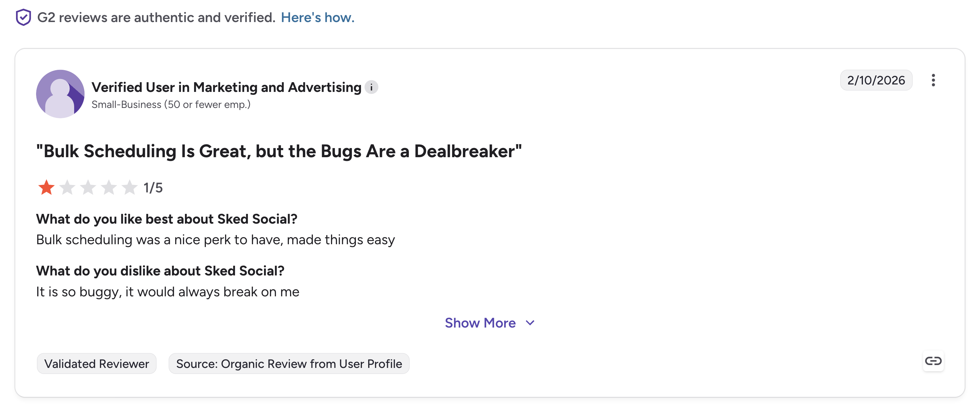 Sked Social G2 review titled "Bulk Scheduling Is Great, but the Bugs Are a Dealbreaker" with 1 out of 5 rating from a Small-Business reviewer in February 2026