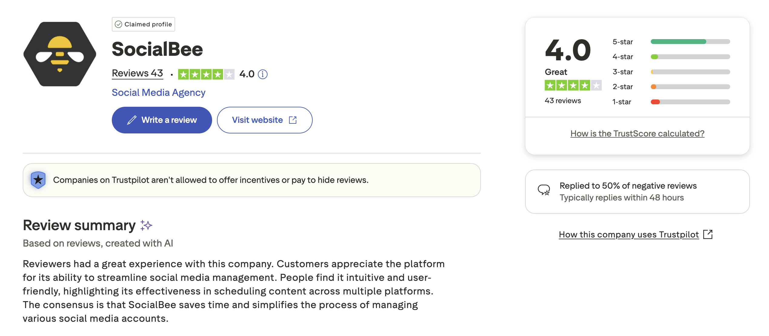 SocialBee Trustpilot Reviews