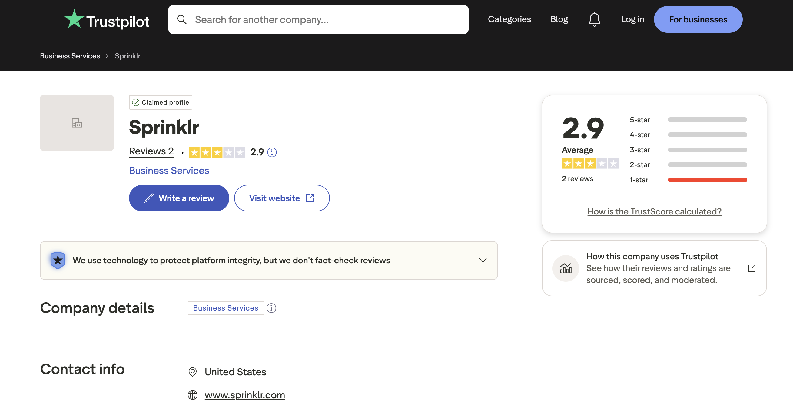 Sprinklr Trustpilot page showing 2.9 out of 5 ("Average") from 2 reviews — low signal