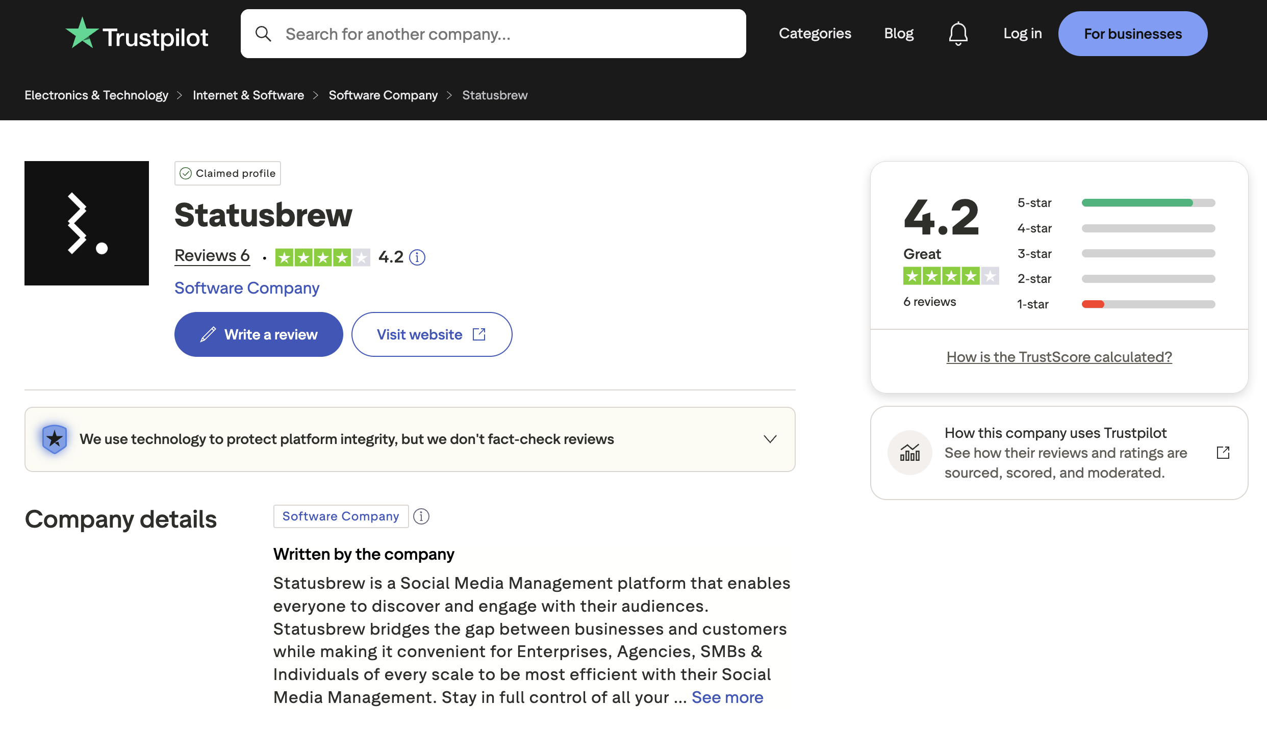 Statusbrew Trustpilot page showing 4.2 out of 5 ("Great") from 6 reviews — low volume