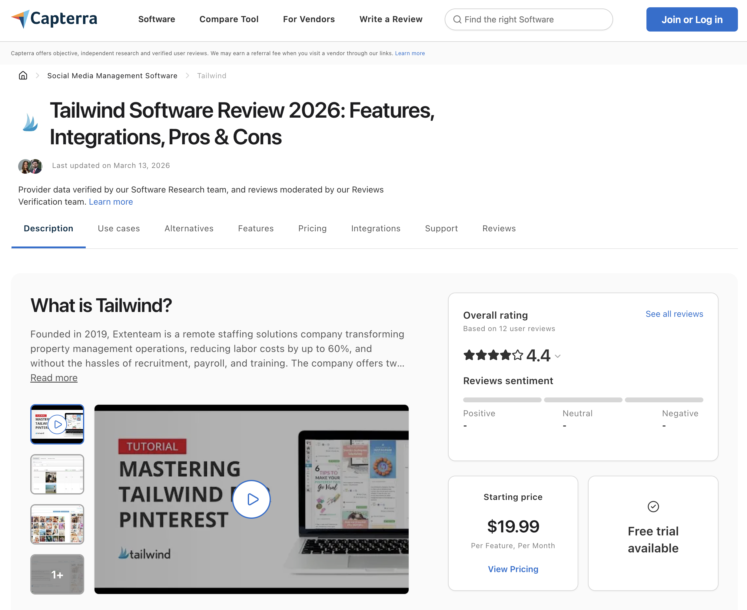 Capterra page for Tailwind showing a 4.4 out of 5 overall rating based on 12 user reviews, with positive review sentiment and a starting price of $19.99 per feature per month.