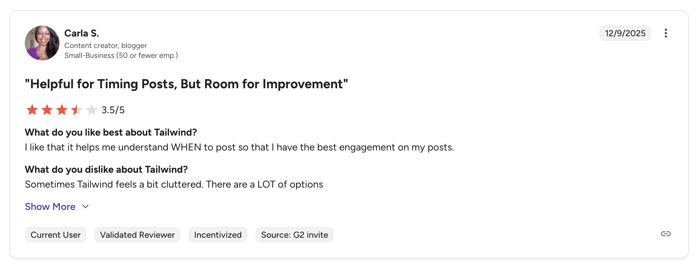 A detailed Tailwind review on G2 titled "Helpful for Timing Posts, But Room for Improvement" with a 3.5 out of 5 rating, praising SmartSchedule timing but criticizing the cluttered interface and overwhelming number of options.