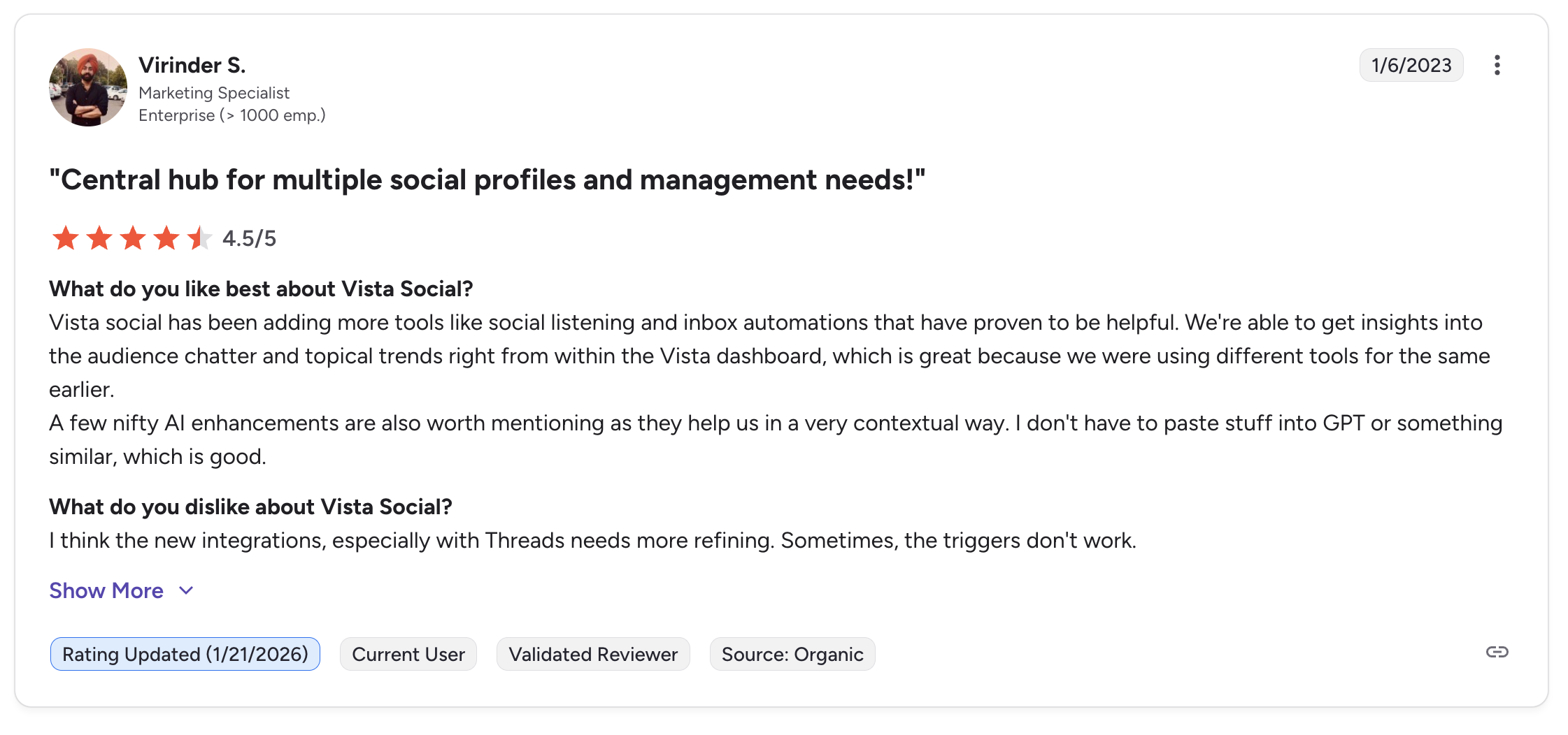 A detailed Vista Social review on G2 highlighting social listening, inbox automations, and AI enhancements, but noting that newer integrations like Threads need refining.