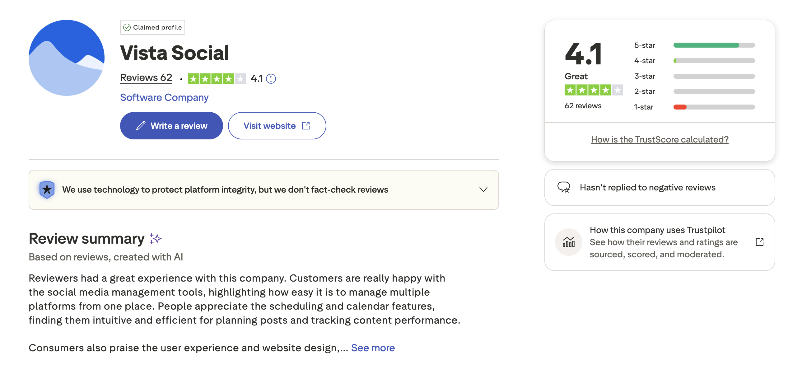 Vista Social Trustpilot reviews