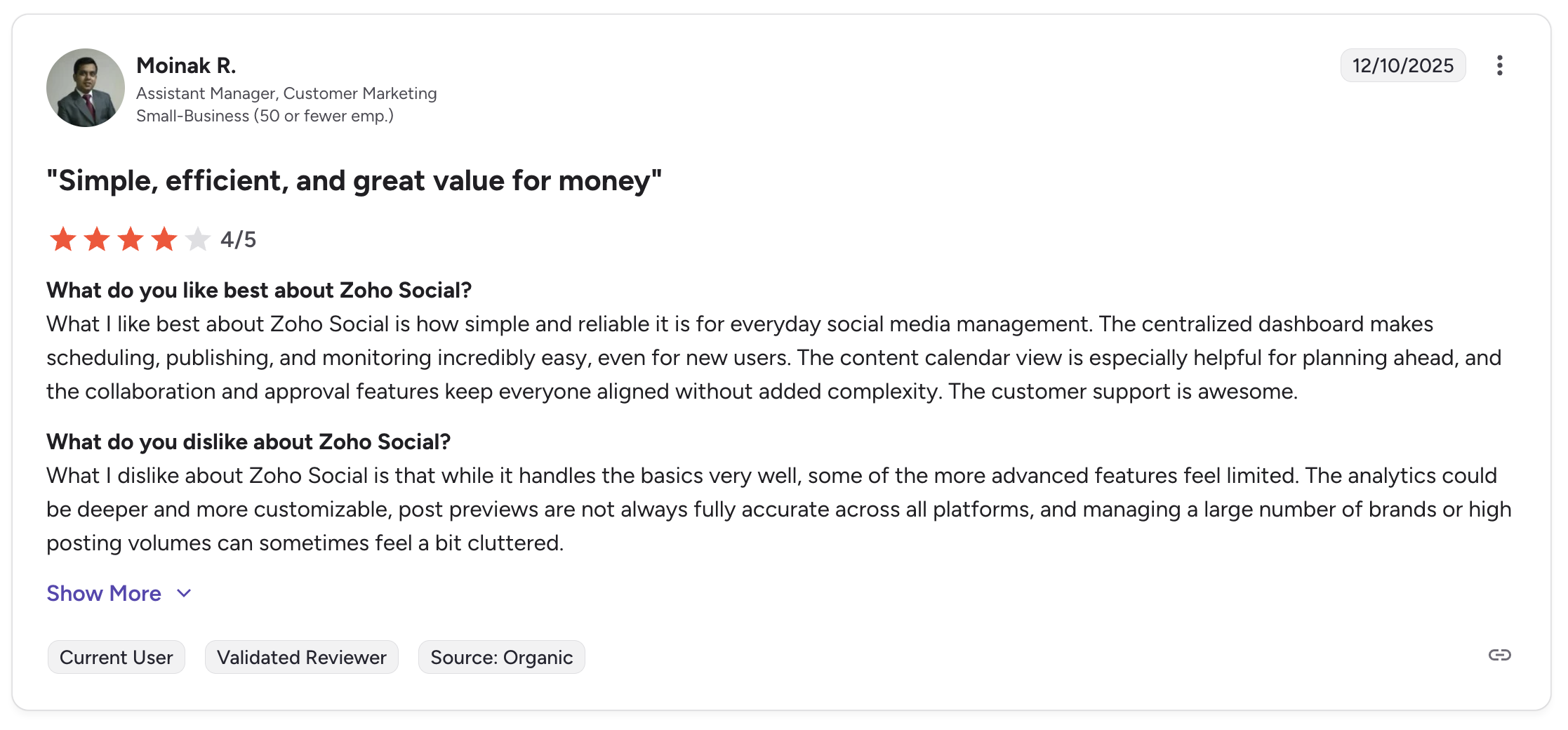 A detailed Zoho Social review on G2 highlighting ease of use, scheduling, and collaboration, but criticizing limited analytics, inaccurate previews, and clutter at scale.