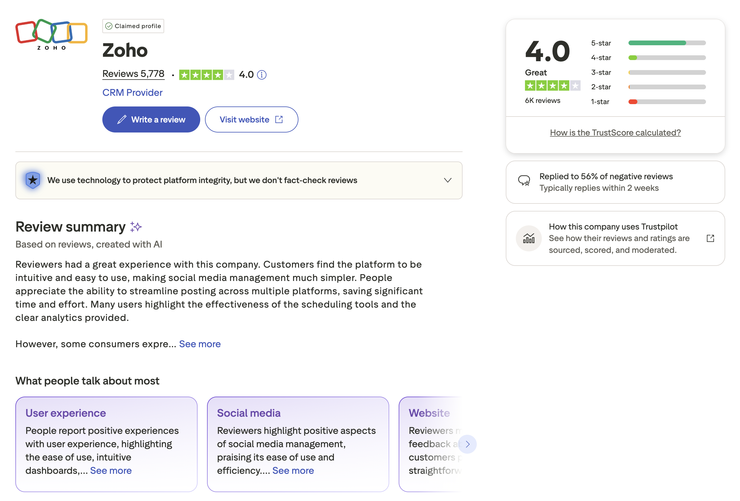 Zoho Social Trustpilot reviews