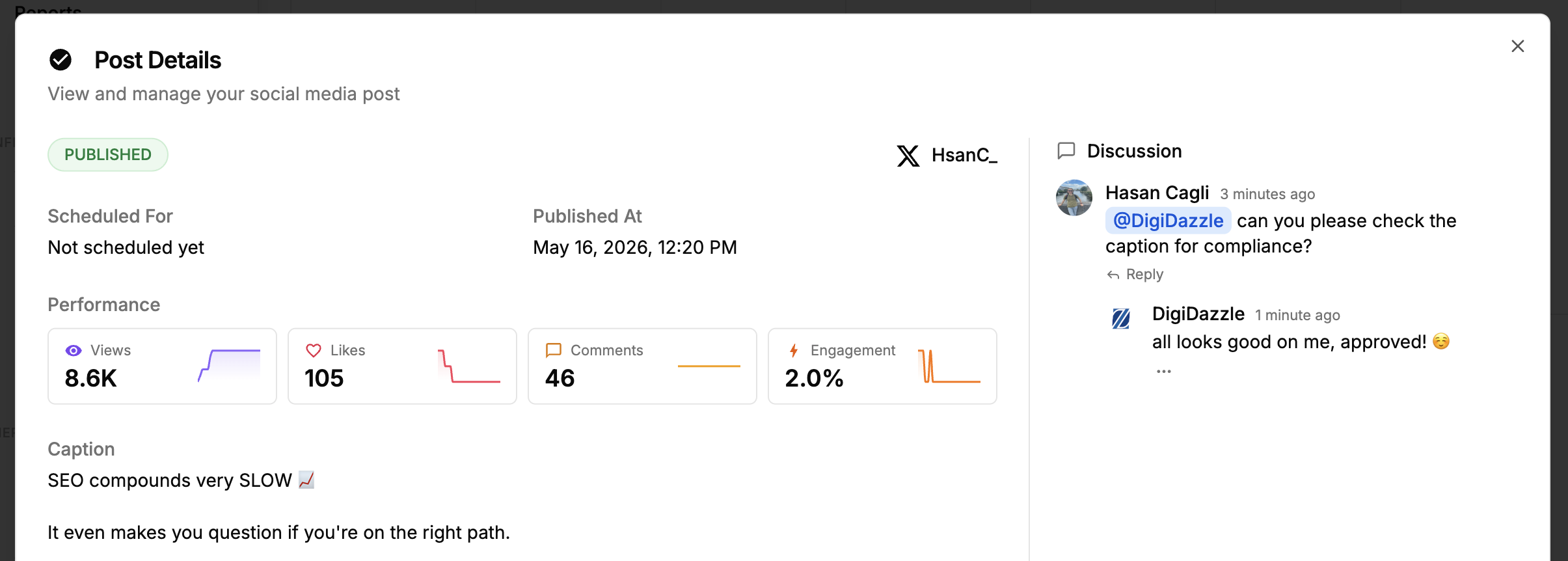 Post comments and @mentions in PostPlanify — a reviewer is tagged to check the caption for compliance and replies with approval, with the discussion attached directly to the post