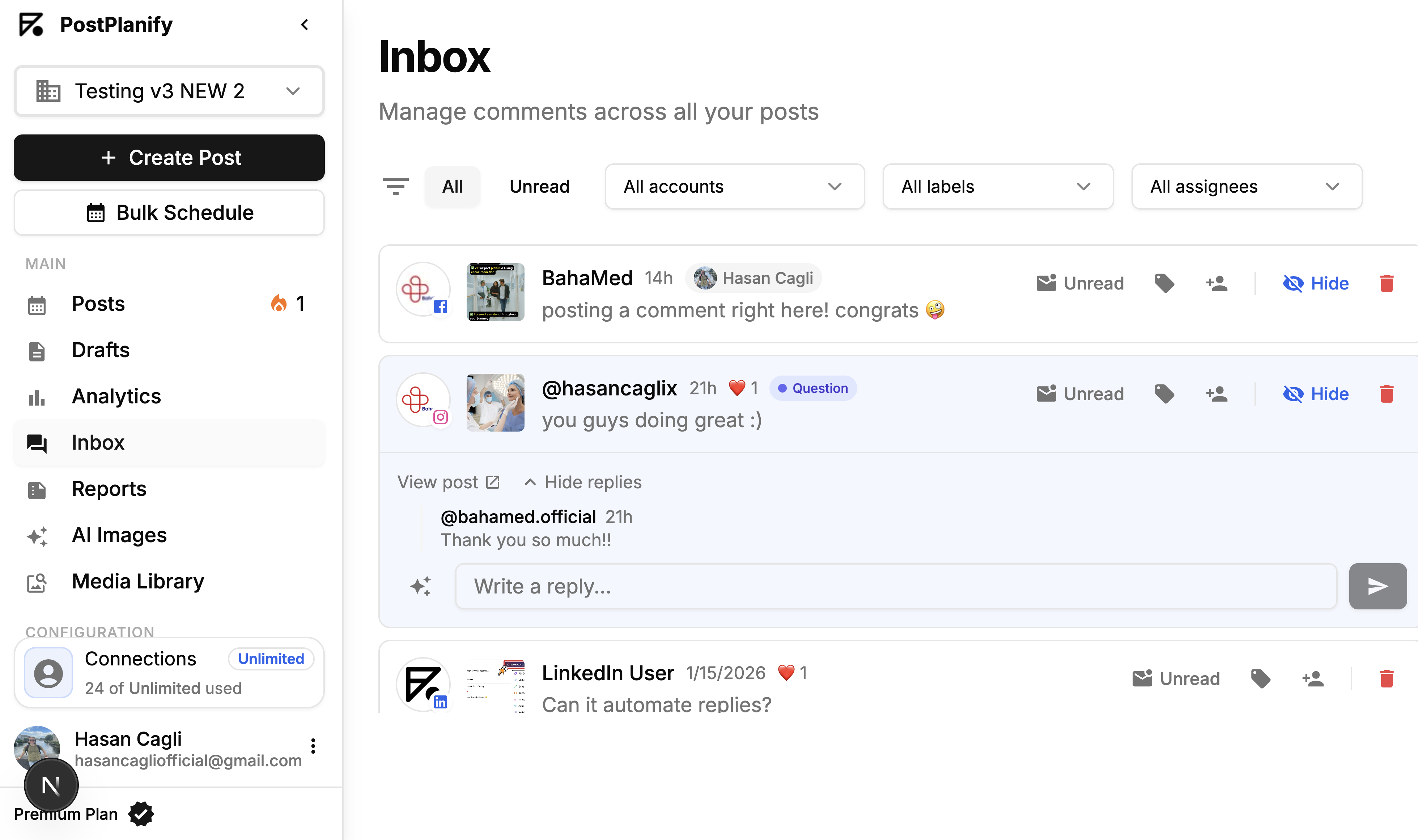Replying to a comment directly from PostPlanify's unified social inbox.