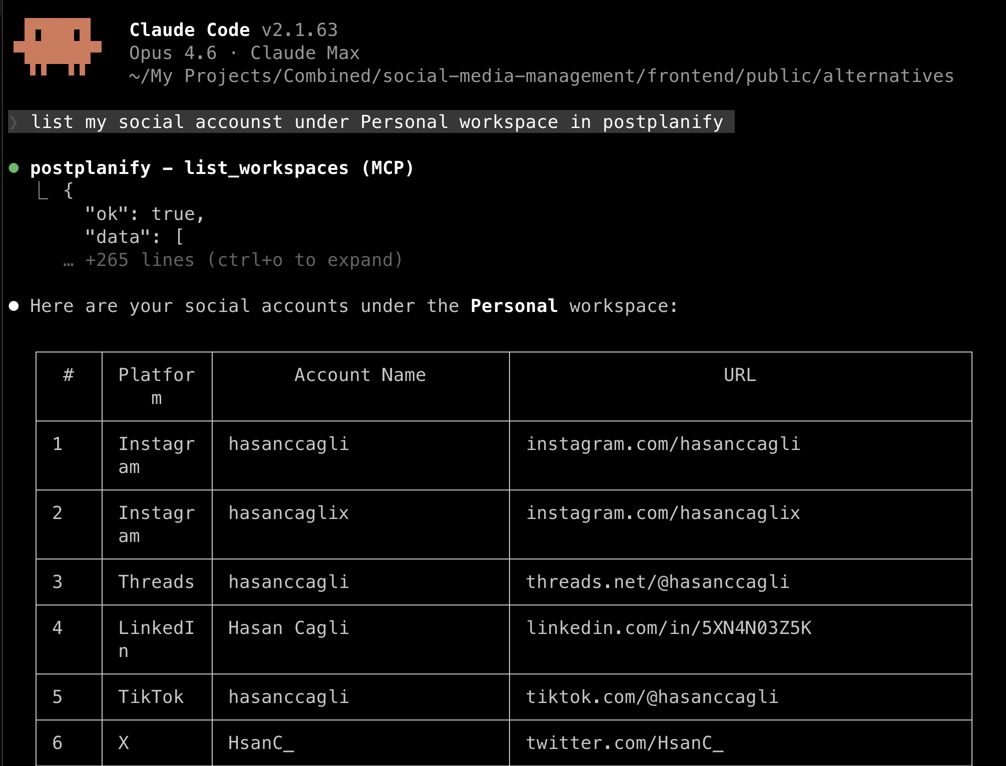 PostPlanify MCP integration List Workspaces